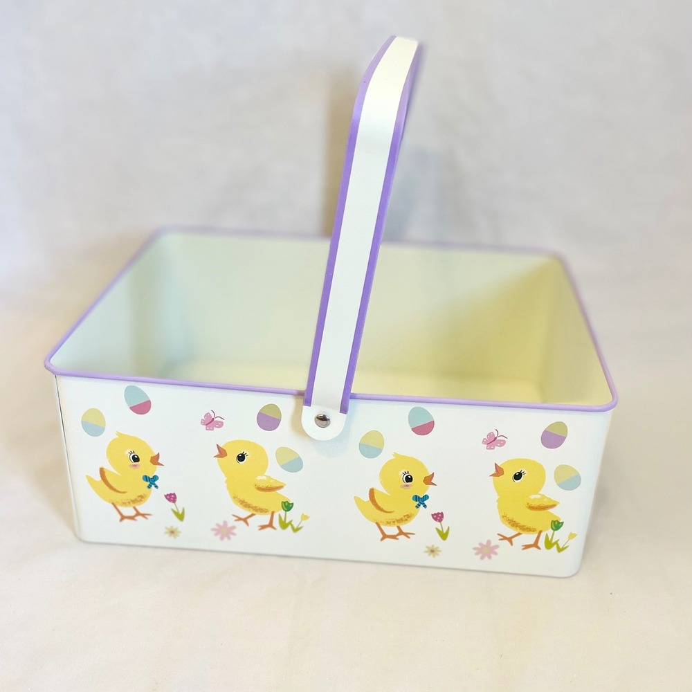 Spritz Easter Printed Metal Rectangle Chicks Decorative Basket Cream Yellow
